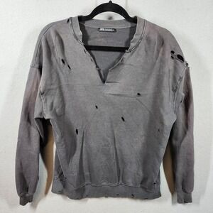 Zara Sweater Womens Medium Gray Distressed Crewneck Pullover Grunge Cotton‎